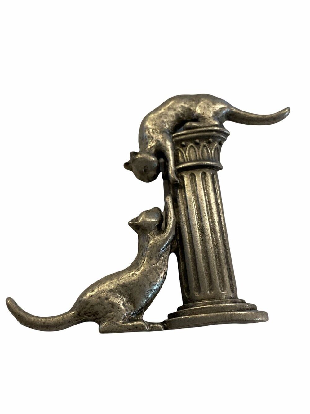 Vintage Signed JJ Lapel Pin Pewter Color Cats On Pedestal 2.5”